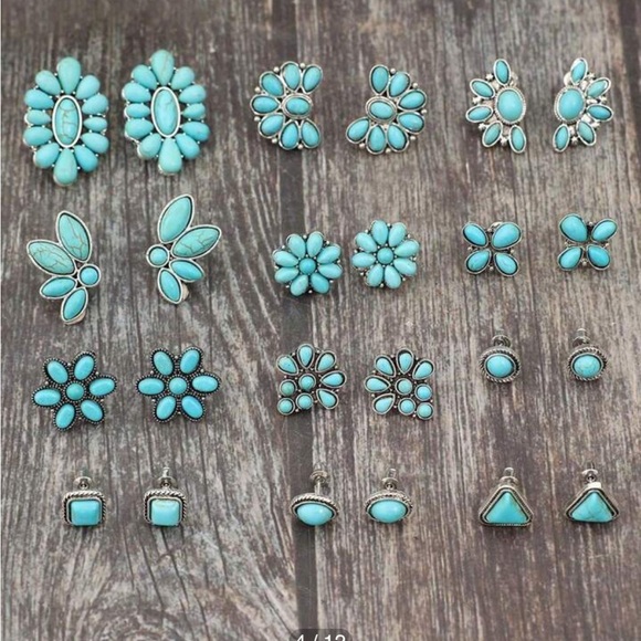 Faux Turquoise Southwestern Floral Silver Earrings Set Lot of 12 pairs - Picture 1 of 5